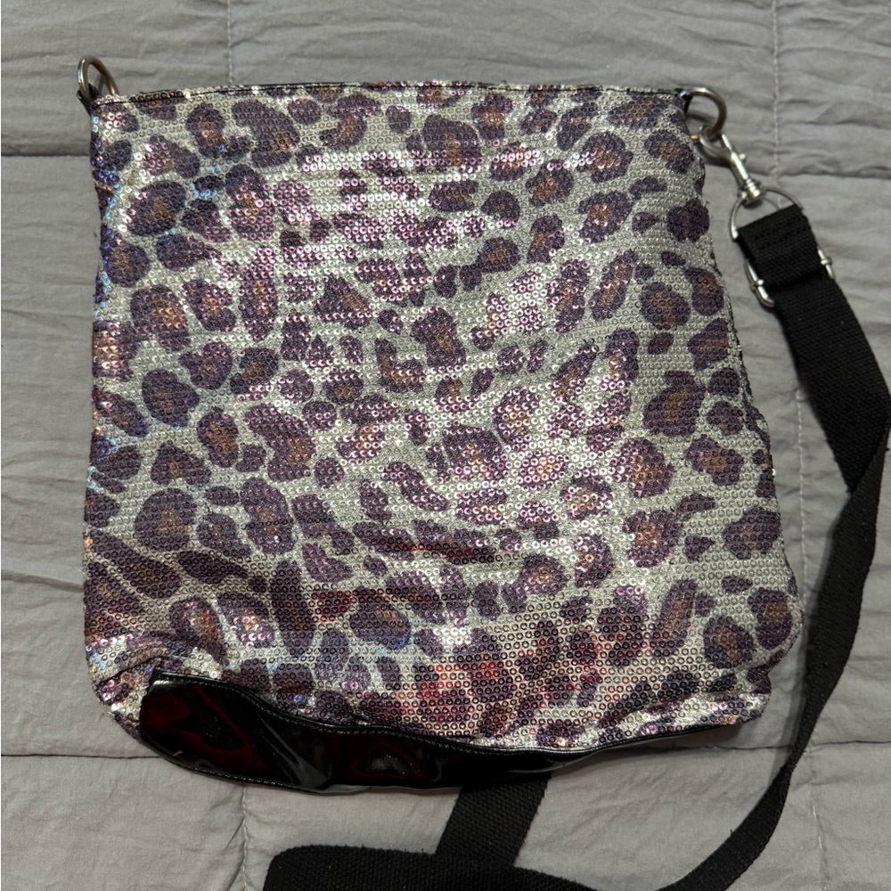 Betsey Johnson Glittery Purple Animal Print Crossbody Bag - Picture 2 of 4